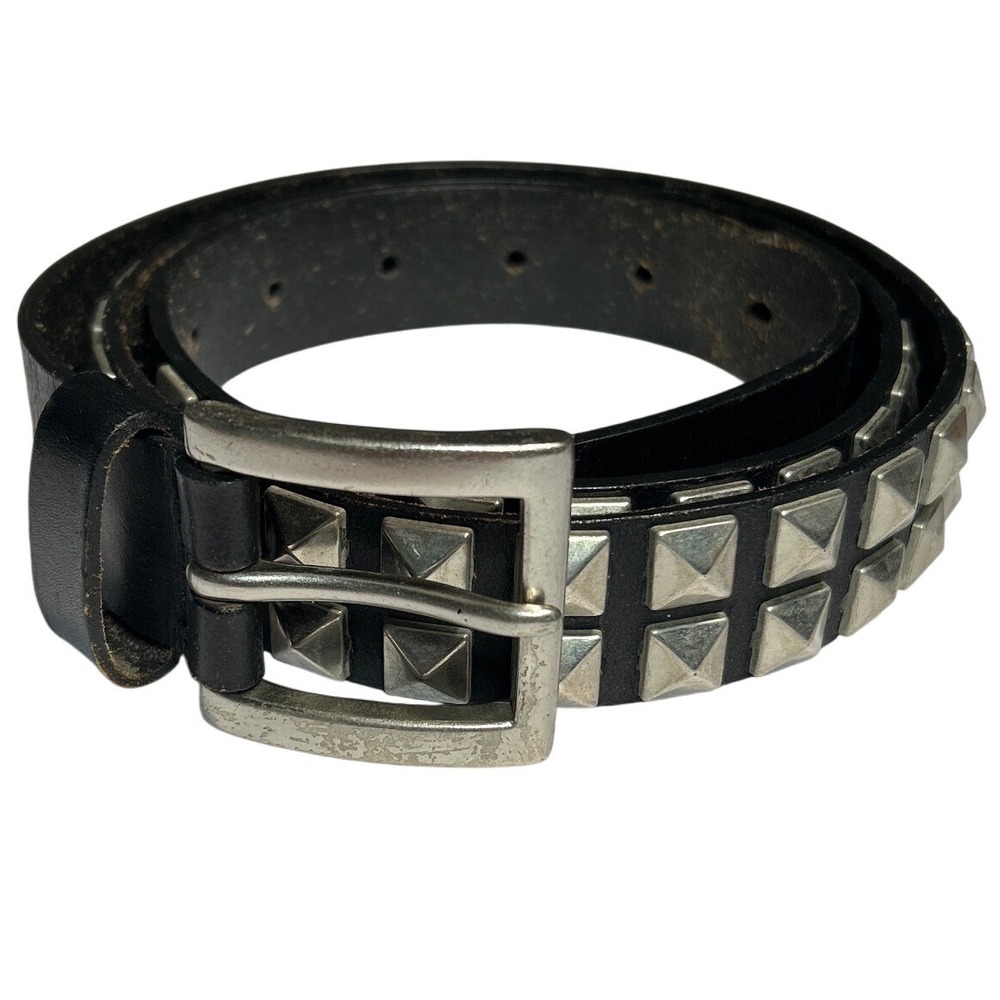Utility Black Leather Double Row Pyramid Studded Belt Punk Rock Size L (35"-41")
